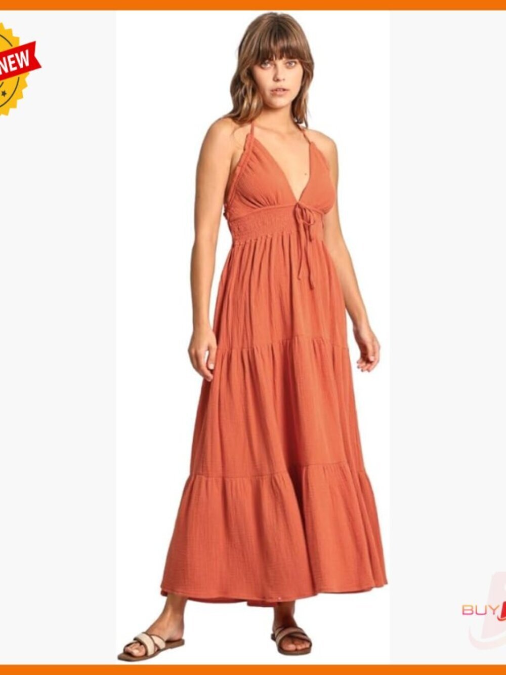 Summer Crinkle Cotton Gauze V-Neck Smocked Maxi Beach Dress